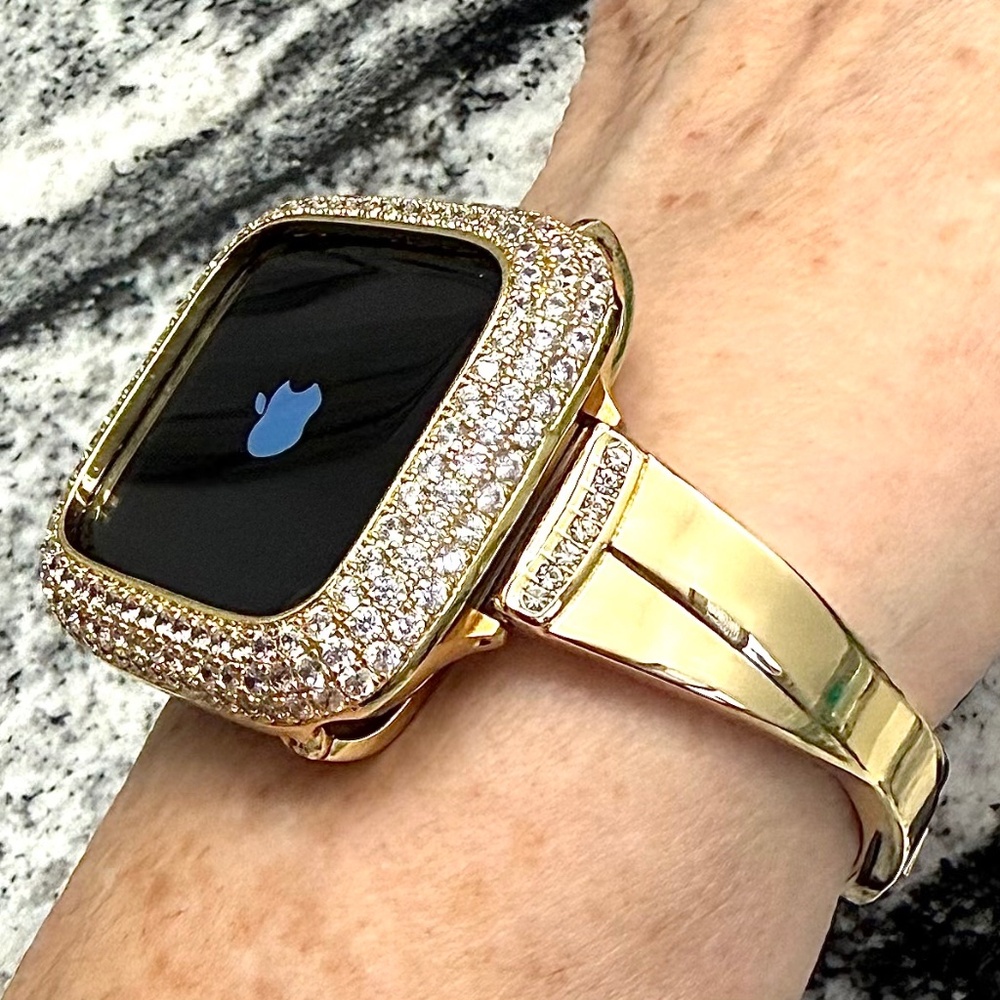2 pc Apple Watch set yellow gold lab diamond case and crystal band classy bling